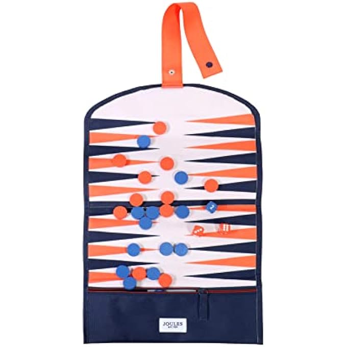 Joules NAVY & ORANGE TRAVEL BACKGAMMON SET WITH ROLL UP GAMEBOARD WITH ZIP POCKET PLUS 30 WOODEN COUNTERS AND 3 DICE - Image 1